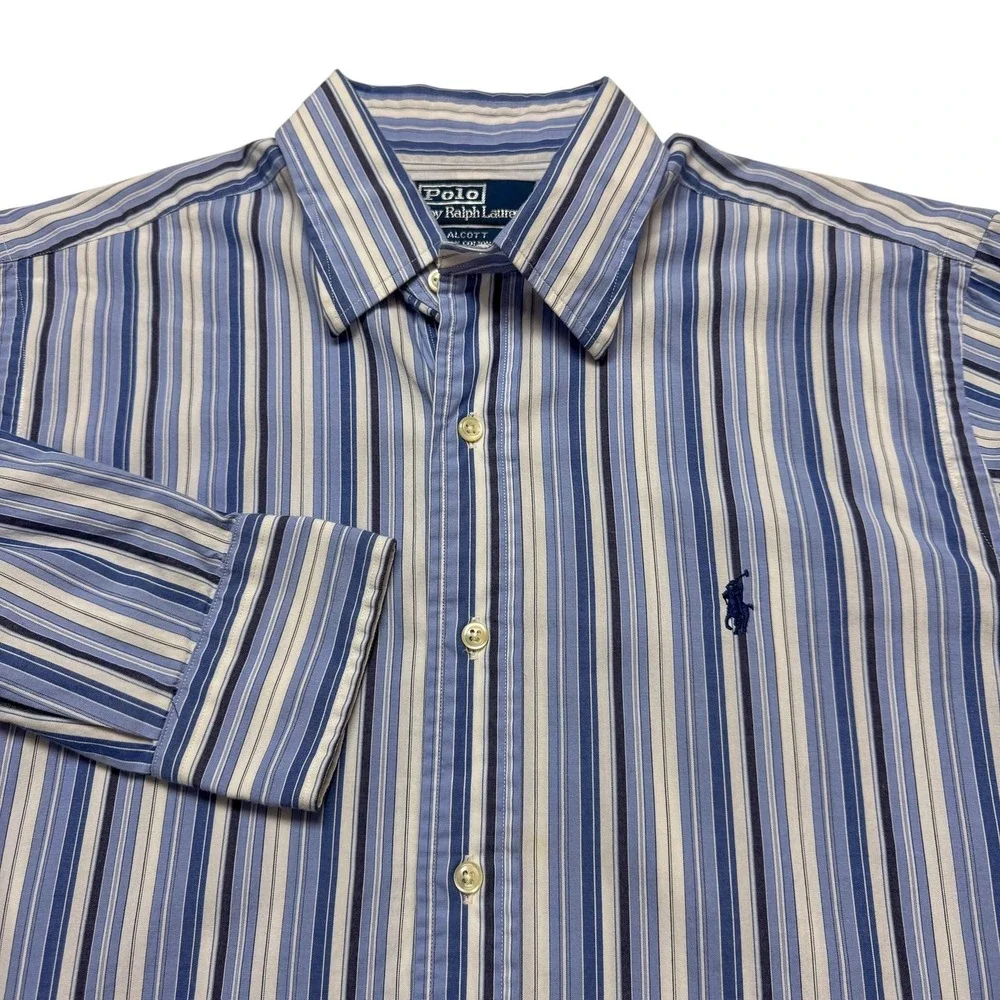 VTG Polo Ralph Lauren Alcott Dress Shirt Mens 15.5 32/33 Blue Stripe Classic Fit